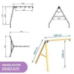 plan et dimensions du portique balançoire Blue Rabbit module Swing pour aire de jeu avec plateforme 120 cm
