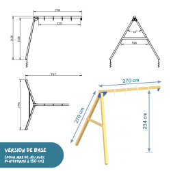 plan et dimensions du portique balançoire Blue Rabbit module Swing pour aire de jeu avec plateforme 150 cm