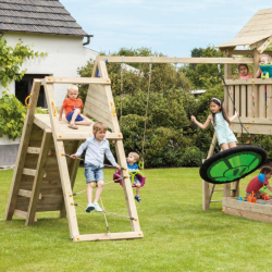 Portique balançoire avec mur d'escalade et filet – Module CHALLENGER Blue Rabbit 2.0 - Barbabois