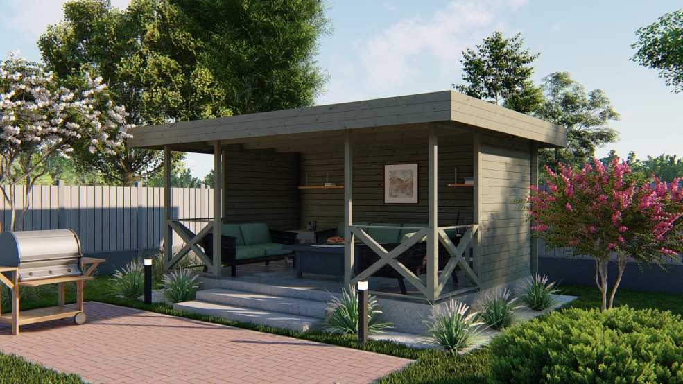 Pavillon de jardin KONSTANTIN 16 m2 en bois massif avec toit plat