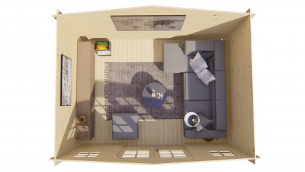 vue aménagement intérieur abri de jardin en sapin scandinave