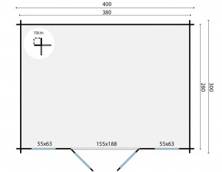 Plan abri de jardin en bois JUHA 10,60 m² – fondations 380x280 cm