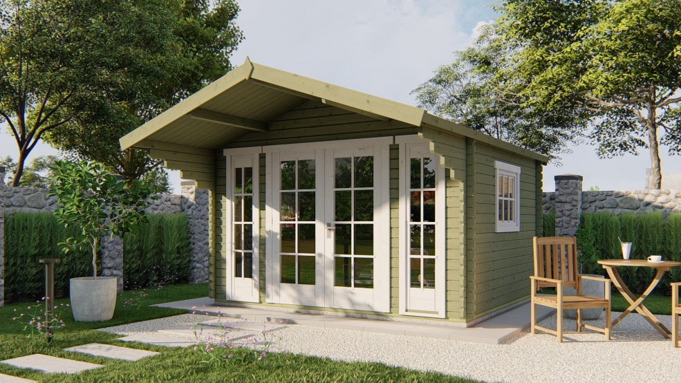 Chalet de jardin bois INGLUND 11m² bois 40mm double porte vitrée et auvent | Barbabois