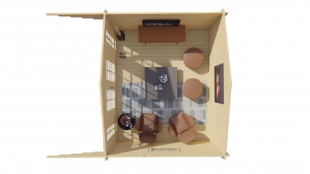 vue du dessus de l'aménagement intérieur possible du chalet en pin INGLUND 10 m2