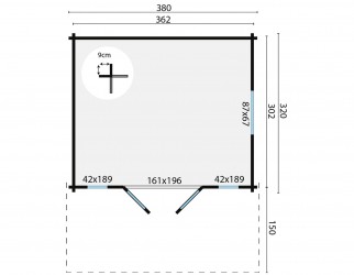 Plan chalet INGLUND 10,9m² avec auvent 150 cm