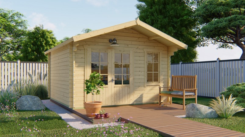 Abri de jardin ULRIK 13 m² bois 44 mm avec auvent – vue avant