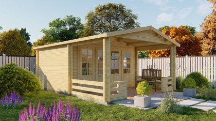 Vue latérale du chalet BOLTON en pin clair avec terrasse