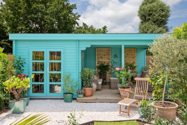 Abri jardin DIEDERICK bois peint en bleu turquoise – madriers 28 mm