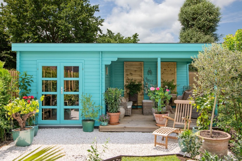 Abri jardin DIEDERICK bois peint en bleu turquoise – madriers 28 mm