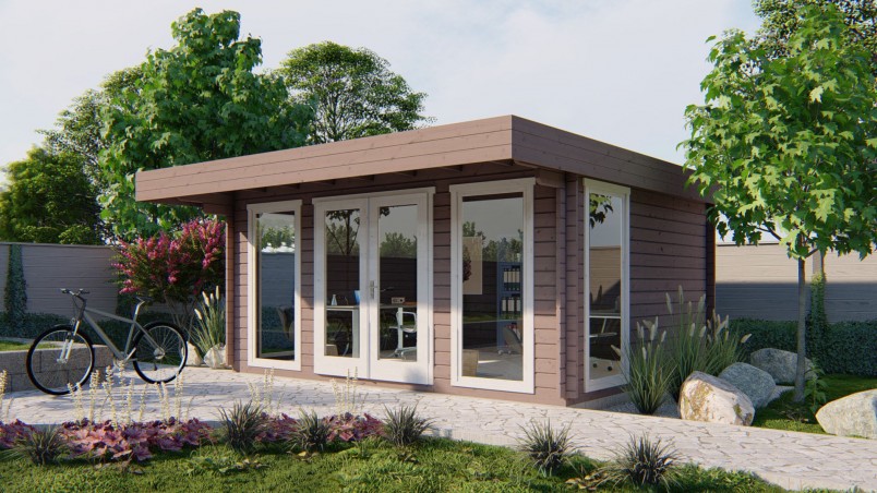 Abri de jardin YORICK 17m² bois 44 mm toit plat avec auvent