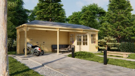 Vue du cabanon GRETEL avec grand auvent