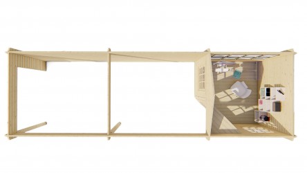 vue du dessus de l'aménagement intérieur du cabanon bois GRETEL avec auvent