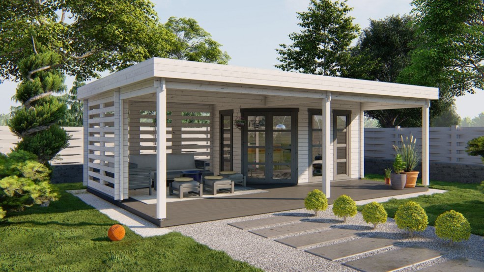 Abri de jardin OLETHA 10m² bois 40 mm avec auvent 20m² | Barbabois