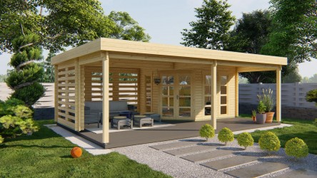 Abri de jardin OLETHA 10m² version bois naturel 40 mm et auvent 20m²