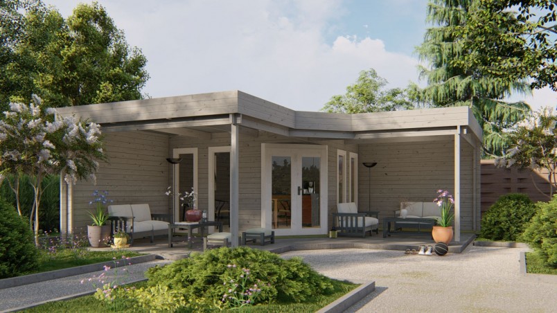 Abri de jardin JUTKA 12m² bois 44 mm toit plat avec grand auvent 21m² - Barbabois