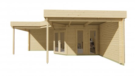 vue extérieur abri de jardin JUTKA et son vaste auvent permettant aménagement terrasse couverte