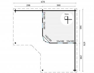 plan et dimensions de l'abri de jardin JUTKA et son grand auvent