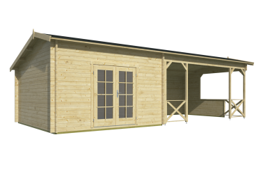 Vue latérale chalet MOKKA sapin 44mm avec auvent terrasse couverte