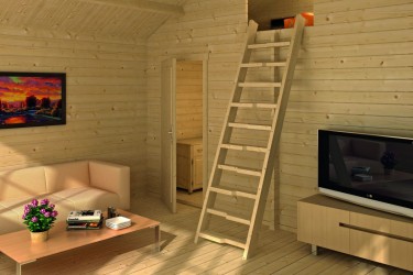 intérieur aménagé chalet bois avec accès étage mezzanine|Barbabois