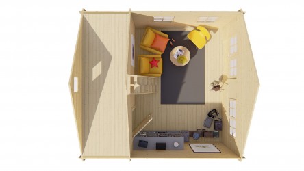 vue du dessus de l'aménagement intérieur de la tiny house avec étage BERLIN