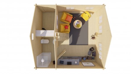 vue du dessus intérieur du rez-de-chaussée aménagé du chalet BERLIN