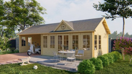 maison de jardin lumineuse en bois BIG BEN avec auvent pour terrasse couverte - Barbabois