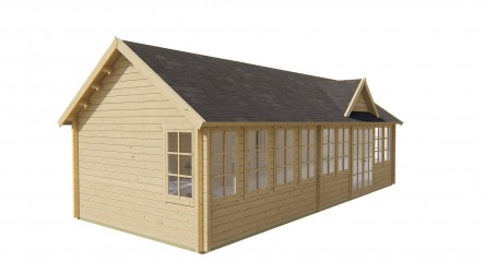 vue latérale chalet BIG LAUREN en bois avec nombreuses fenêtres de chez Barbabois Evreux