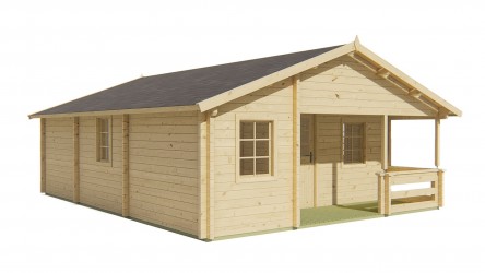 vue latérale chalet en pin naturel brut Key Barbabois - chalet en épicéa avec auvent