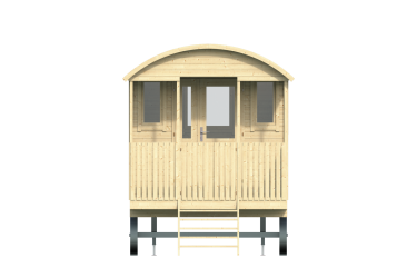 Vue avant de la roulotte Paddy avec sa terrasse en bois et sa porte vitrée - Barbabois