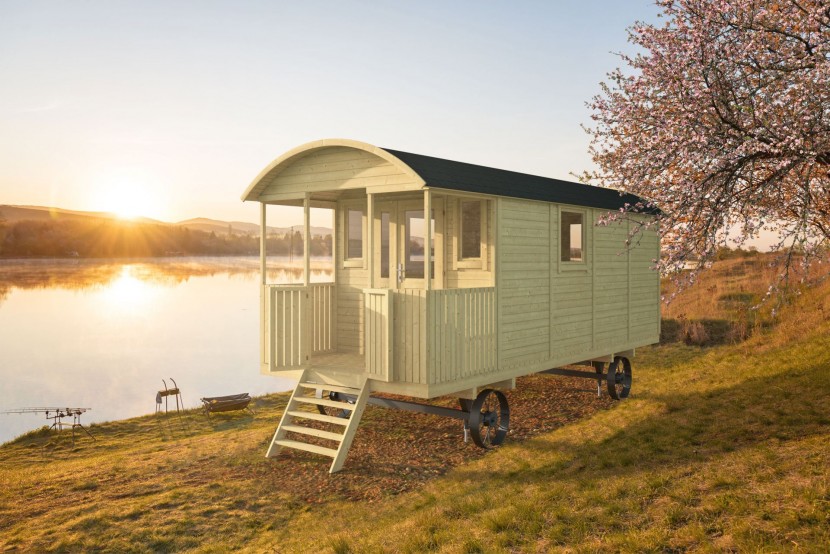 Roulotte JOHNNY 14 m² bois 19 mm avec auvent – vue avant