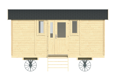 Vue de profil de la roulotte en bois Patricia avec porte vitrée et fenêtres - Barbabois