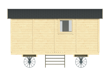 Vue latérale de la roulotte Patricia en bois sur plateforme mobile