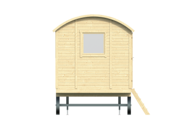 Vue arrière roulotte en pin clair Patricia avec fenêtre et escalier latéral à droite - Barbabois