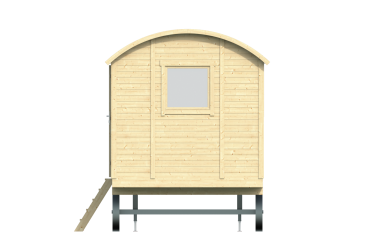 Vue arrière roulotte en bois clair Patricia avec fenêtre et escalier latéral à gauche - Barbabois