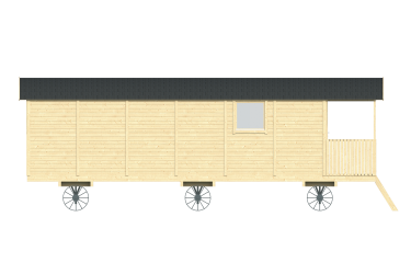 vue latérale roulotte JIMMY en pin clair avec une fenêtre