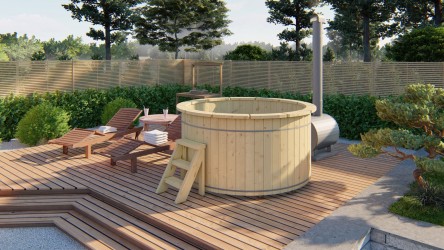 Bain nordique en bois avec poêle externe et terrasse bois