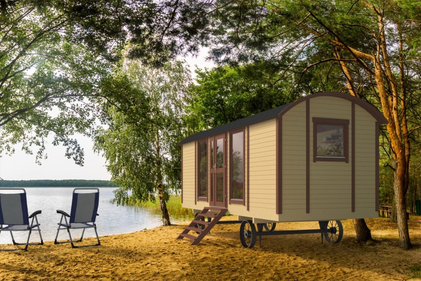 Roulotte BARBY 14 m² bois 19 mm – vue avant - Barbabois