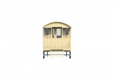 Roulotte KATHLEEN – vue avant avec porte vitrée et auvent