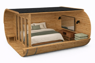 configuration intérieure avec couchage du pod d’hébergement insolite oval