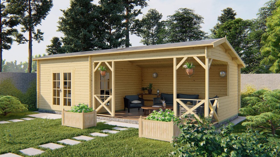 Chalet MOKKA 14m² bois 40mm avec grand auvent 18m² | Barbabois