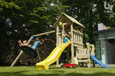 aire de jeu en bois tour kiosque Blue Rabbit avec toboggan jaune et balançoire - Barbabois