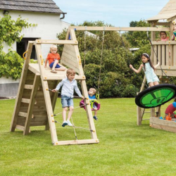 portique pour balançoires avec filet à grimper et mur d'escalade à prises colorées pour aire de jeu Blue Rabbit