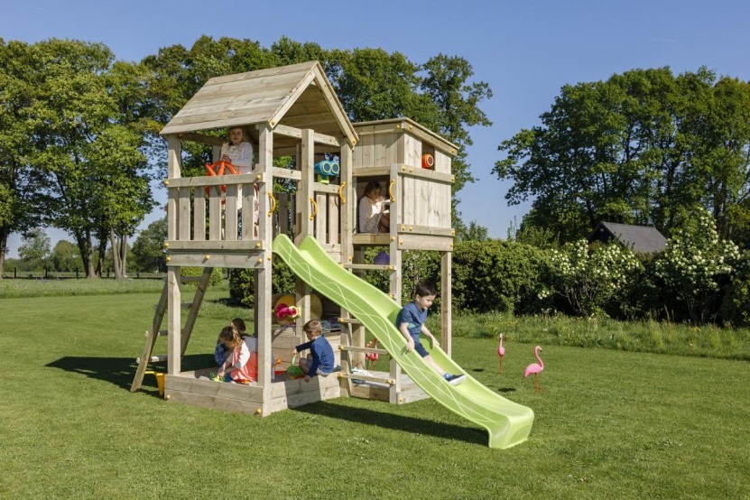 Aire de jeux en bois avec toboggan Blue Rabbit modèle tour de jeu PALAZZO - Barbabois