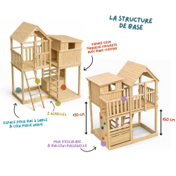 structure de l'aire de jeu complète en bois avec cabanes surélevée Blue Rabbit - Barbabois - modèle Tour Palazzo