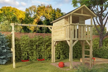 maisonnette enfant bois avec balançoires - Modèle Voldemort chez Barbabois