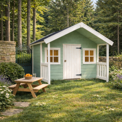 maisonnette enfant en bois avec auvent et espace terrasse avec barrières garde-corps - Barbabois